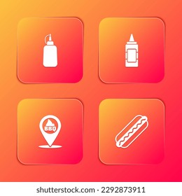 Set Mustard bottle, , Location with barbecue and Hotdog sandwich icon. Vector