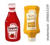 Set of mustard and ketchup sauces. Yellow and red bottle with inscriptions. Isolated sauces. Suitable for branding condiments, advertising picnics, delicatessen menus and cooking blogs. Vector