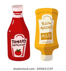 Set of mustard and ketchup sauces. Yellow and red bottle with inscriptions. Isolated sauces. Suitable for branding condiments, advertising picnics, delicatessen menus and cooking blogs. Vector