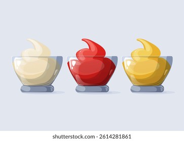 Set of mustard, mayonnaise and ketchup in cartoon style. Fast food vector illustration design. Seasoning for food in glass bowl	
