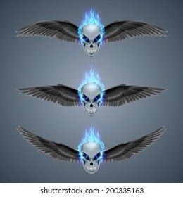 Set of mutant skulls with fangs, blue flame and black wings 