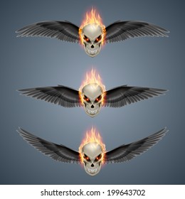 Set of mutant skulls with long fangs, orange flame and black wings