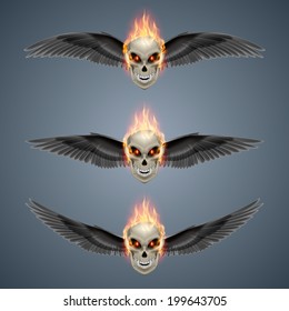 Set of mutant skulls with orange flame and black wings