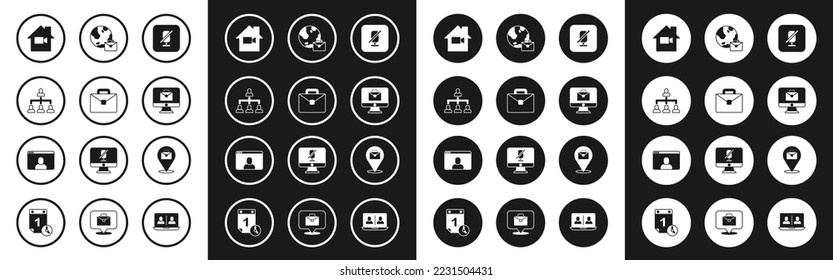 Set Mute microphone, Briefcase, Hierarchy organogram chart, Video camera Off in home, Online working,  and chat conference icon. Vector