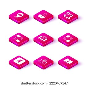 Set Mute microphone, Hierarchy organogram chart, Cloud storage document folder, Online working, Video chat conference, Project team base and Freelancer icon. Vector