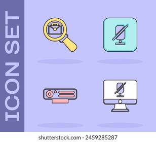 Ajuste el micrófono silencioso en la computadora, lupa con maletín, cámara de Web e ícono. Vector