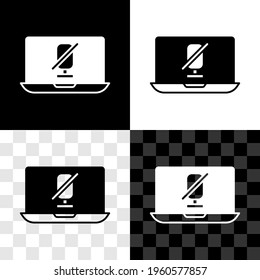 Set Mute microphone on laptop icon isolated on black and white, transparent background. Microphone audio muted.  Vector