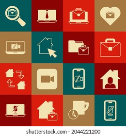 Set Mute microphone on mobile, Online working, Briefcase, Video camera Off laptop, Magnifying glass with briefcase and  icon. Vector