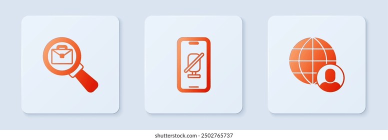 Set Mute microphone on mobile, Magnifying glass with briefcase and Freelancer. White square button. Vector
