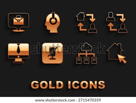 Set Mute microphone, Project team base, Online working, Video chat conference,  and Freelancer icon. Vector