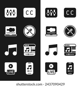 Set Mute microphone, Sound or audio recorder, mixer controller, Subtitles, Music note, tone, player,  and Live stream icon. Vector