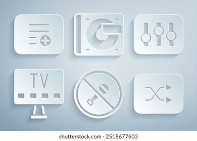 Set Mute microphone, Sound mixer controller, Smart Tv, Arrow shuffle, Vinyl player with vinyl disk and Add to playlist icon. Vector