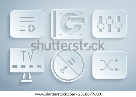 Set Mute microphone, Sound mixer controller, Smart Tv, Arrow shuffle, Vinyl player with vinyl disk and Add to playlist icon. Vector