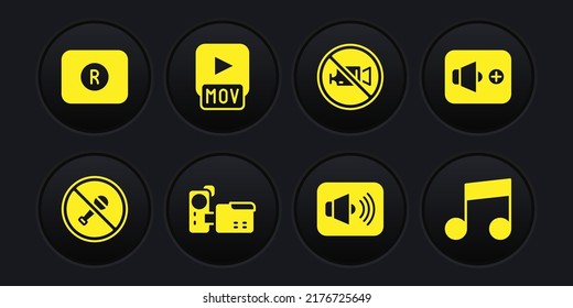 Set Mute microphone, Speaker volume, Cinema camera, Prohibition no video recording, MOV file, Music note, tone and Record button icon. Vector