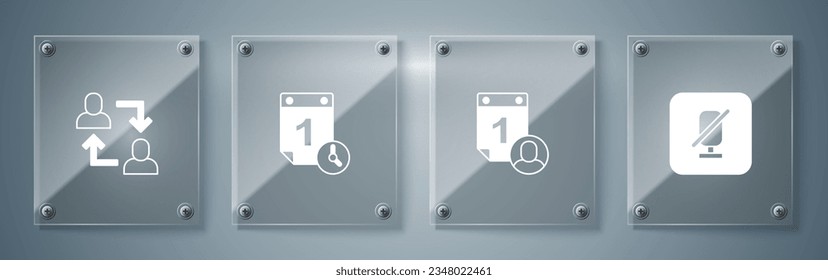 Set Mute microphone, Time management,  and Project team base. Square glass panels. Vector