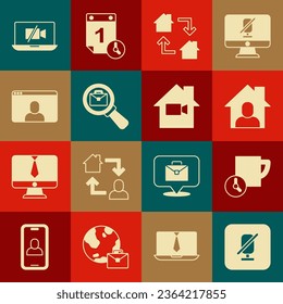 Set Mute microphone, Time management, Online working, Magnifying glass with briefcase, Video chat conference, camera Off laptop and home icon. Vector