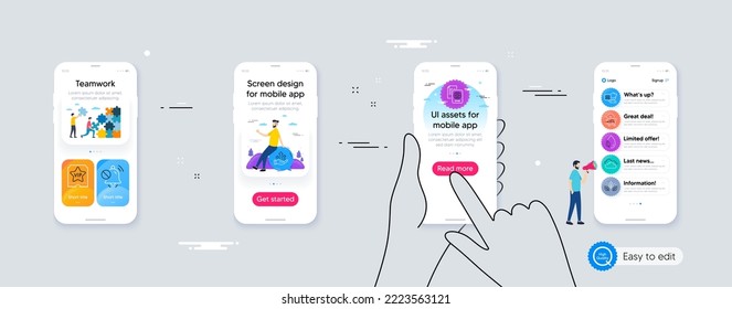 Set of Mute sound, Vip ticket and Chef line icons. Phone ui interface. Include Growth chart, Passport document, Organic tested icons. Leaf dew, Food delivery, Cloudy weather web elements. Vector