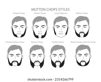 Set of Mutton Chops Beard and mustache with name text style men face illustration Facial hair. Vector black portrait male Fashion template flat barber collection. Stylish hairstyle isolated outline