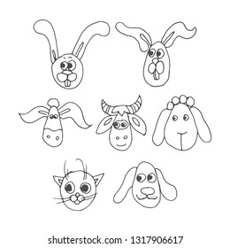 set of muzzle  animals. hand drawn black and white vector illustration