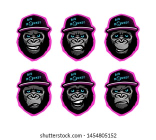 Set of muzzle of the gorilla character with different emotions.