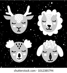 Set of muzzles or faces of wild handdrawn animals such as deer or doe, panda bear, sheep or lamb, lion or leo in scandinavian style. Vector illustration on black background starry sky.