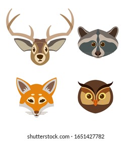 Set of muzzles of forest animals. In cartoon style. Vector color illustration.