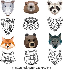 set of muzzles of wild animals from triangles