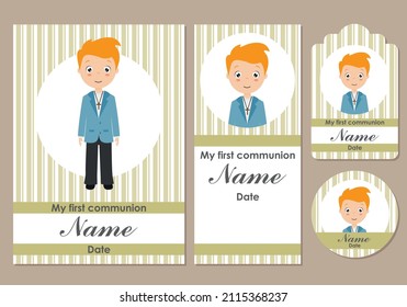 Set my first communion boy. Card, bookmark, label and sticker.	