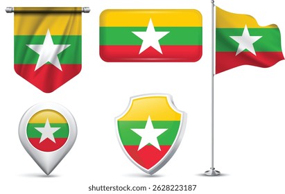 Set of Myanmar Flags in Different Shapes and Styles