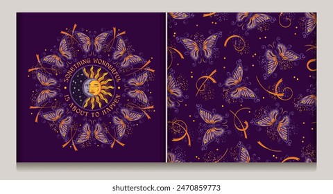 Set of mysterious circular label with sun eclipse, text, seamless pattern with fantasy colored butterflies. Art Nouveau style. Vintage style.