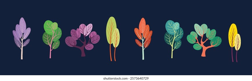 Set of mysterious magic colorful vector trees on dark blue background. Fairy tale forest