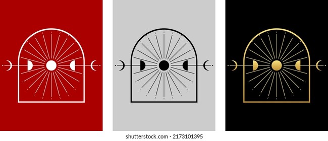 Set mysterious moon different phases or lunar phases with moonlight ray on red gray black background boho vector icon design.