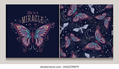 Conjunto de misterioso patrón sin costuras, etiqueta con mariposa de color de fantasía, polillas, luna creciente, estrellas, polvo de estrellas, texto. Estilo Art Nouveau. Estilo Antiguas.