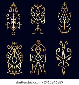 Set Mysterious signs. Golden symbols of religion, spirituality, occultism. Vector illustration isolated on a dark background. Occult icon.