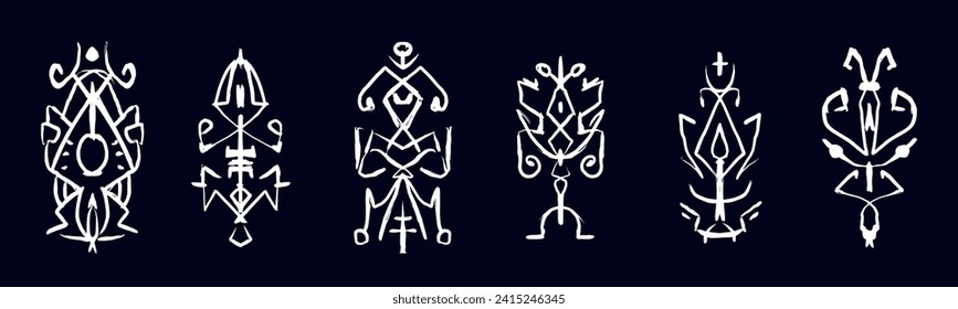 Set Mysterious signs. White symbols of religion, spirituality, occultism. Vector illustration isolated on a dark background. Occult icon.