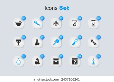 Set Mystery box, Rabbit with ears, Magic staff, Bottle potion, Burning candle, Bow tie, Witch cauldron and wand icon. Vector