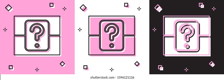Set Mystery box or random loot box for games icon isolated on pink and white, black background. Question box.  Vector Illustration
