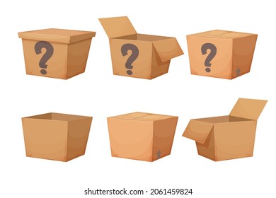 Set mystery cardboard box with question, closed present in cartoon style isolated on white background. Funny lucky package, greeting.