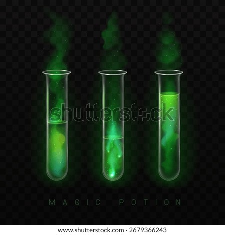 Set of mystery magic laboratory flasks or chemistry measuring glass tubes  with green potion and smoke isolated on black background. Vector illustration