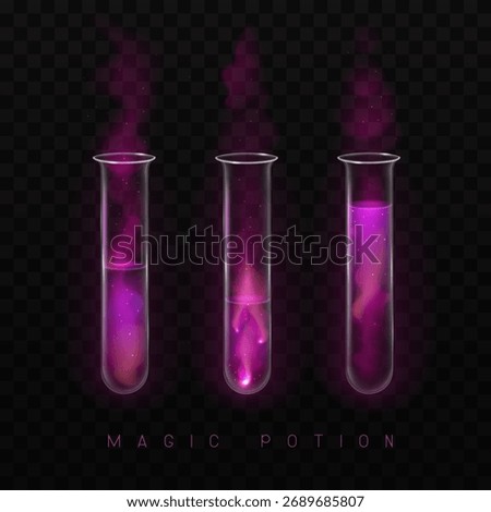 Set of mystery magic laboratory flasks or chemistry measuring glass tubes  with purple potion and smoke isolated on black background. Vector illustration