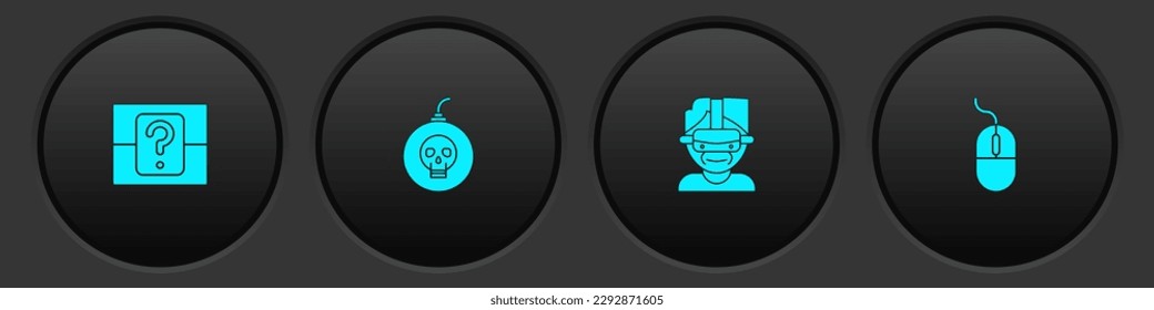 Set Mystery or random box, Bomb ready to explode, Virtual reality glasses and Computer mouse icon. Vector