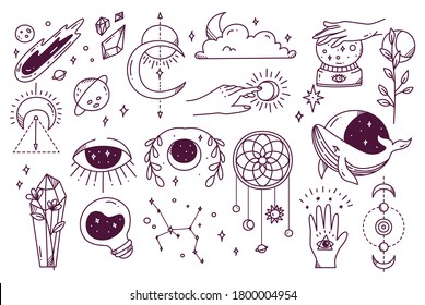 Set Of Mystic Astronomy In Hand Drawn Doodle Style Illustration