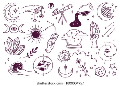 Set Of Mystic Astronomy In Hand Drawn Doodle Style Illustration