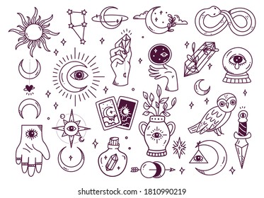 Set Of Mystic Astronomy In Hand Drawn Doodle Style Illustration