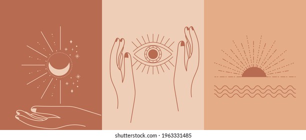 Set of mystic boho illustrations. Vector magic line art poster with hands, moon, star, and eye. Design logo for cosmetics, beauty, tattoo, Spa, manicure, jewelry store