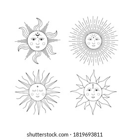 Conjunto de atardeceres místicos y celestiales con rostros. Ilustración del espacio vectorial en estilo boho.