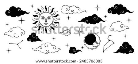 Set of mystic celestial symbol element vector. Collection with magic spiritual astrology signs, abstract moon, sun, stars, constellations. Design for tattoo, sticker, decor.