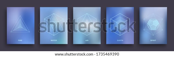 Set of Mystic Esoteric Posters.\
Sacred Geometry Covers Template Design. Five Minimal Ideal Platonic\
Solids. Tattoo Neon Hipster Backgrounds. Astrology & Astronomy\
Banners. Vector Illustration EPS\
10