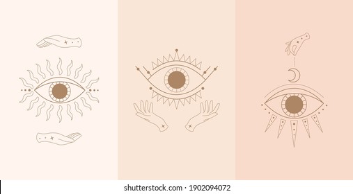 Set of mystic eyes with woman hands. Vector illustration in boho style