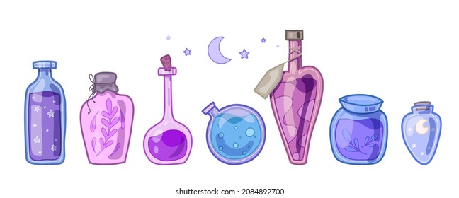 Set of mystic magical poisons and antidotes. Spirituality alchemy and Potion Making. Vector hand drawn cartoon bottles, flasks and jars for mobile games and stickers